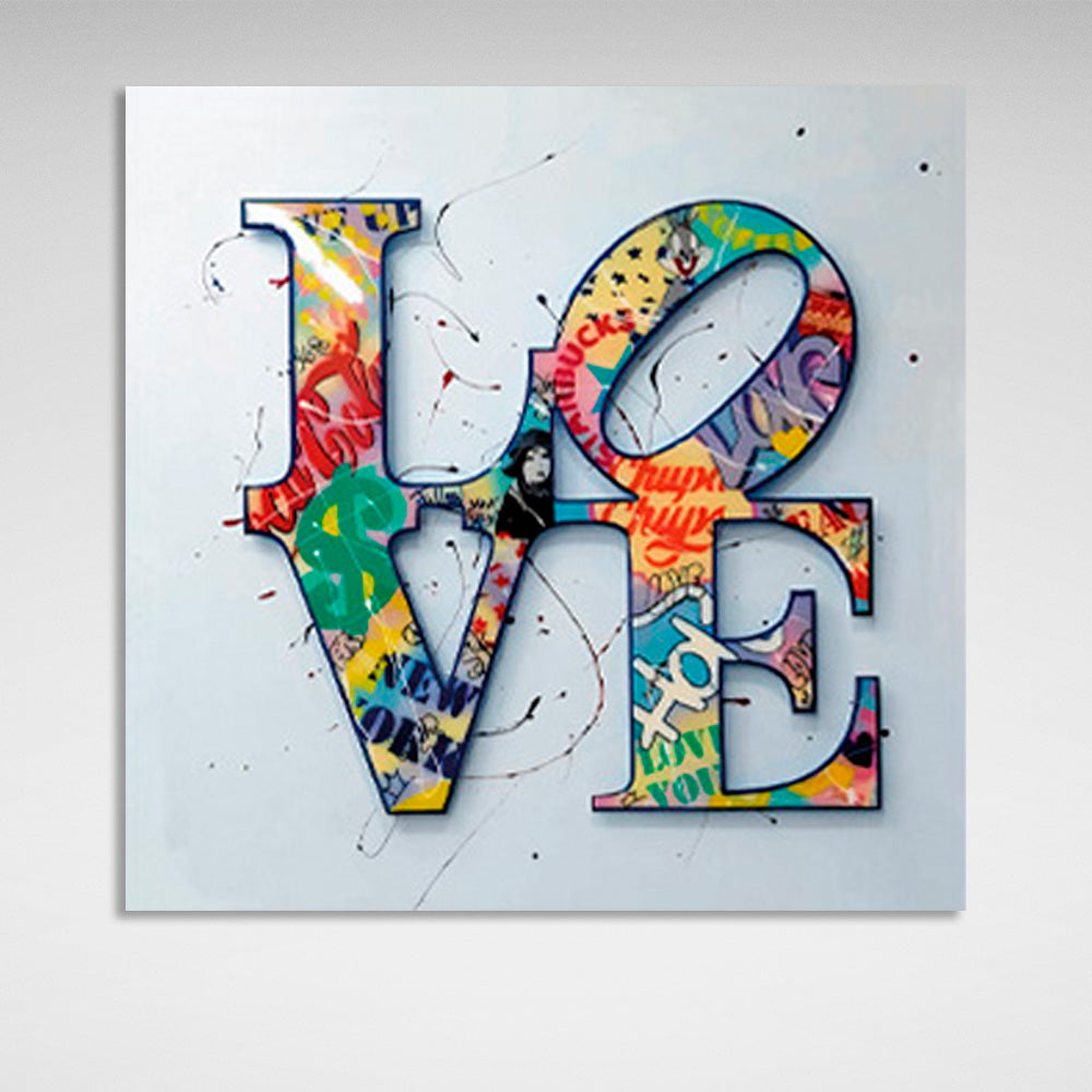 LOVE lettering in bright colors on a gray background Canvas Wall Art Print