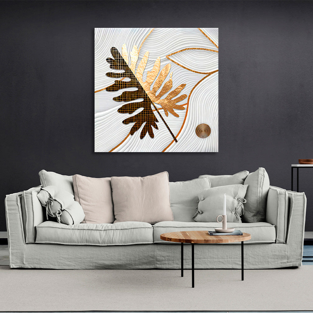 Gold and brown leaf on a silver background Canvas Wall Art Print