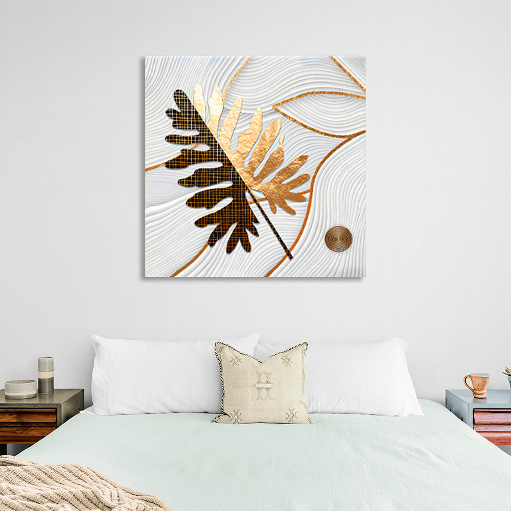 Gold and brown leaf on a silver background Canvas Wall Art Print