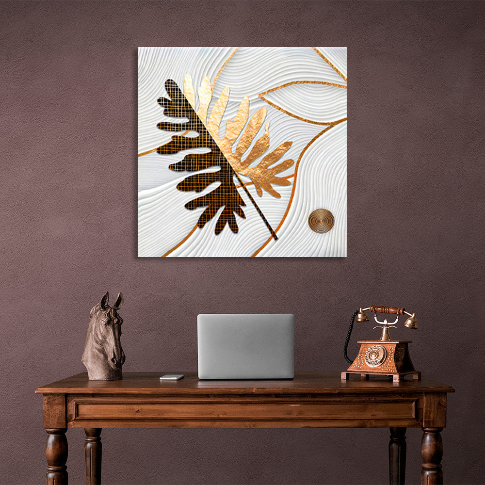 Gold and brown leaf on a silver background Canvas Wall Art Print