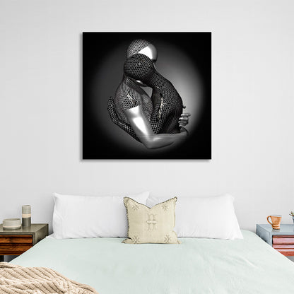 a couple under a gray light with a black background Canvas Wall Art Print