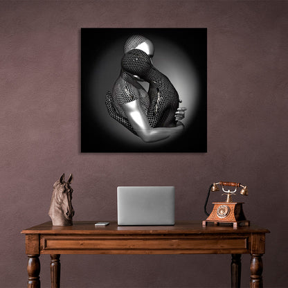 a couple under a gray light with a black background Canvas Wall Art Print