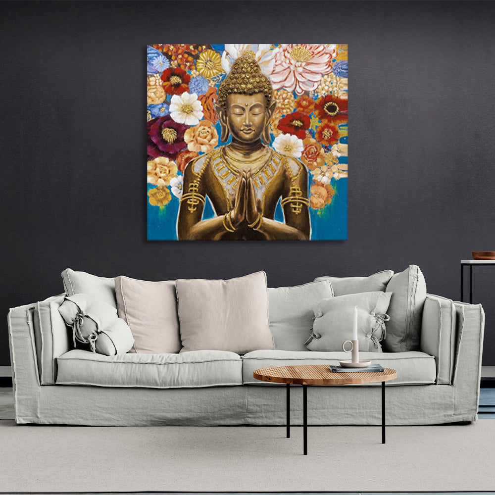 Indian statue on a floral background Canvas Wall Art Print