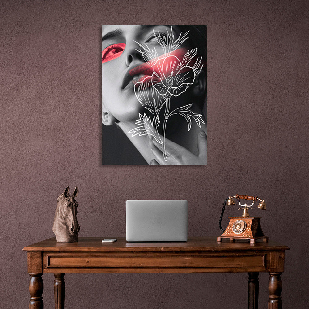 Girl's face with painted flower and red details Canvas Wall Art Print