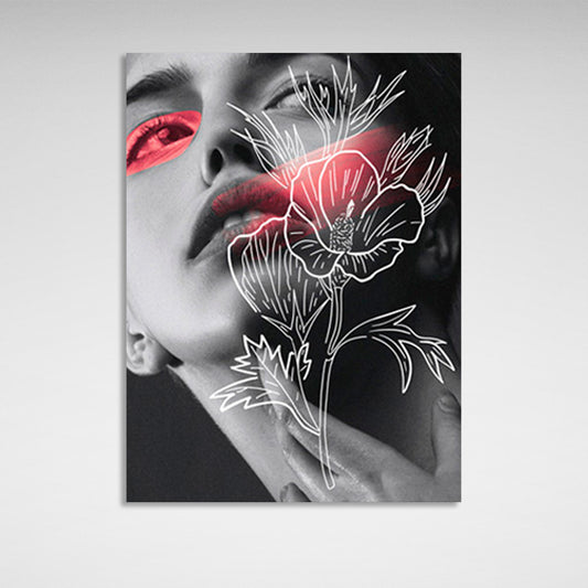 Girl's face with painted flower and red details Canvas Wall Art Print