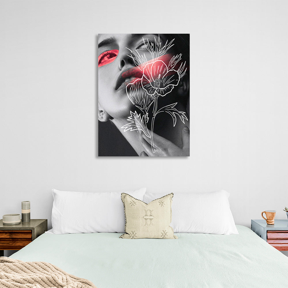 Girl's face with painted flower and red details Canvas Wall Art Print