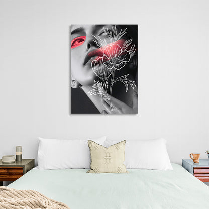 Girl's face with painted flower and red details Canvas Wall Art Print