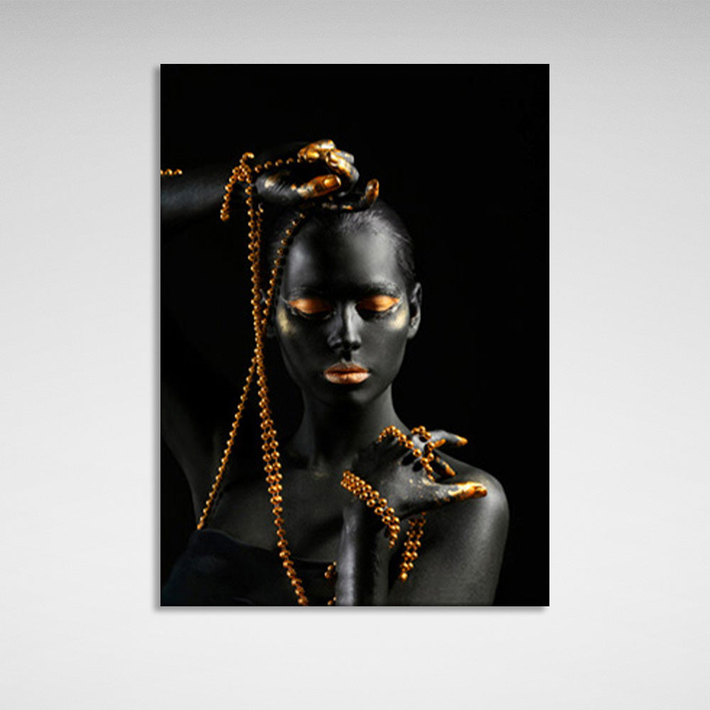 African-American girl with gold beads on black background Canvas Wall Art Print