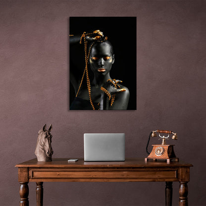 African-American girl with gold beads on black background Canvas Wall Art Print