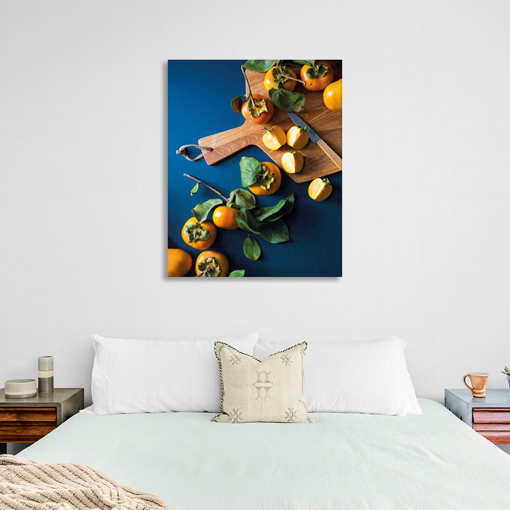 Persimmon on a kitchen board with a knife Canvas Wall Art Print For Kitchen