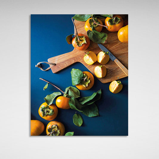 Persimmon on a kitchen board with a knife Canvas Wall Art Print For Kitchen