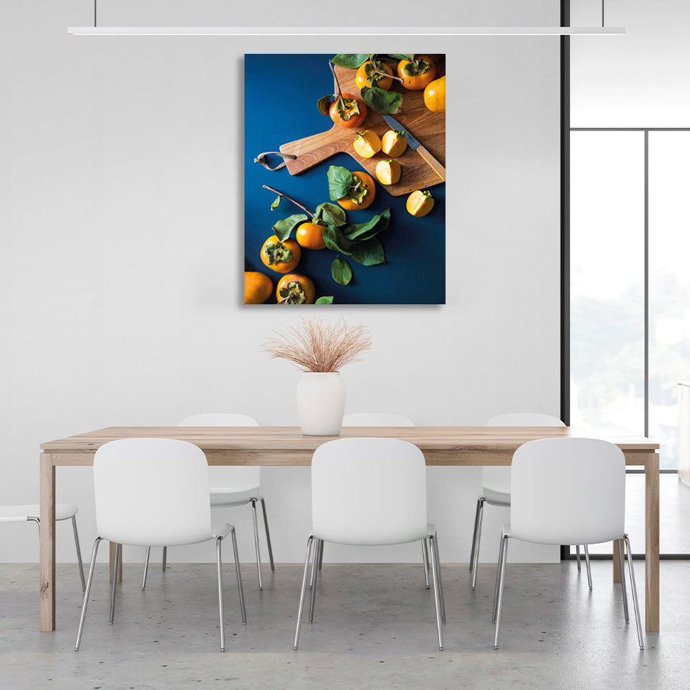 Persimmon on a kitchen board with a knife Canvas Wall Art Print For Kitchen