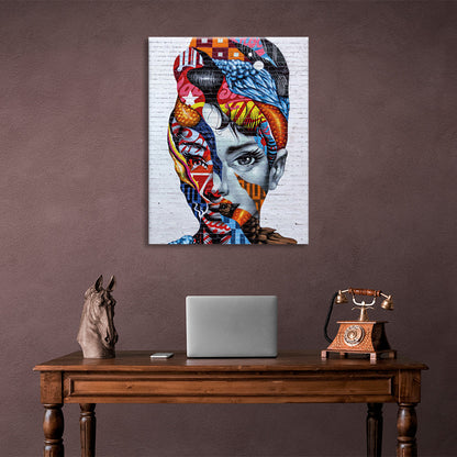 A girl in a bright color scheme on a gray background Canvas Wall Art Print