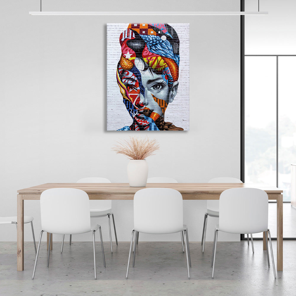 A girl in a bright color scheme on a gray background Canvas Wall Art Print