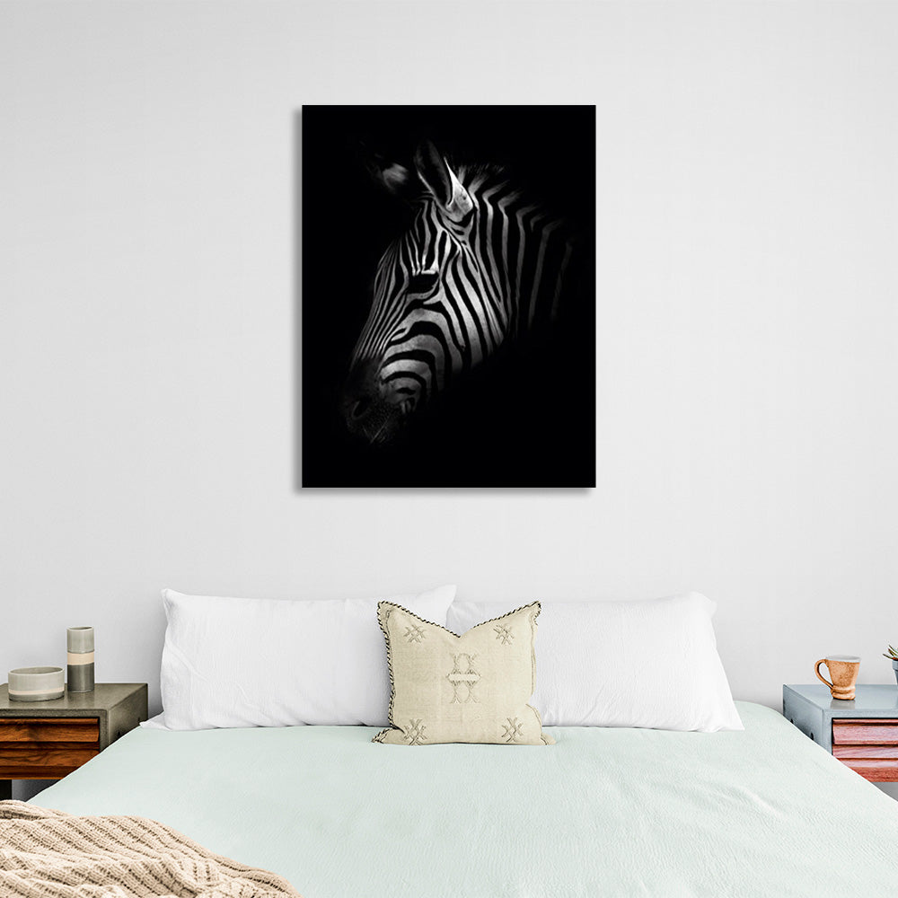 Zebra head on black background Canvas Wall Art Print