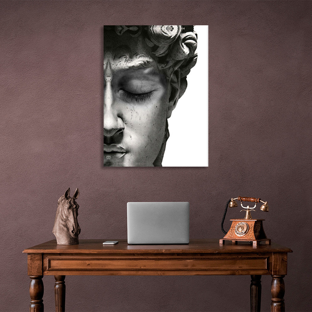 Half the face of a Greek statue on a white background Canvas Wall Art Print