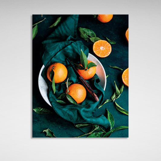 Lots of oranges on the table and in the plate Canvas Wall Art Print For Kitchen