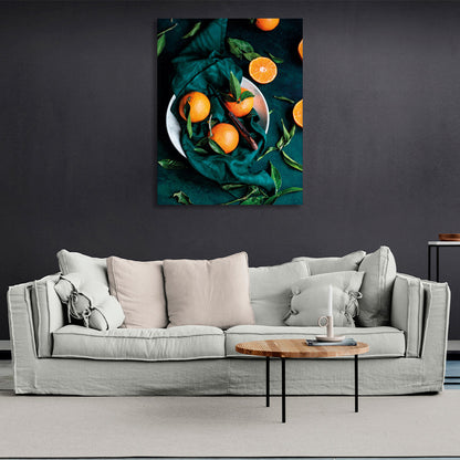 Lots of oranges on the table and in the plate Canvas Wall Art Print For Kitchen