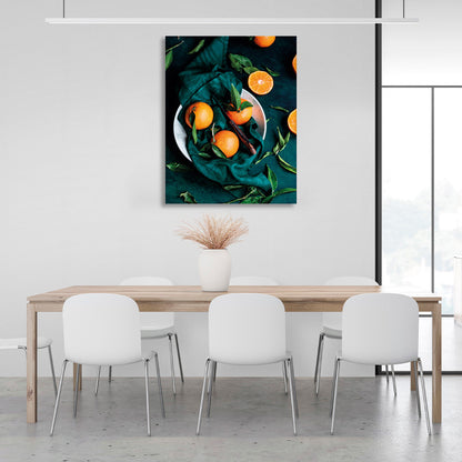 Lots of oranges on the table and in the plate Canvas Wall Art Print For Kitchen