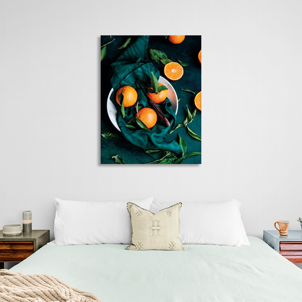 Lots of oranges on the table and in the plate Canvas Wall Art Print For Kitchen