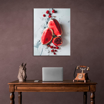 Two pieces of watermelon pomegranate and strawberries on the table Canvas Wall Art Print For Kitchen