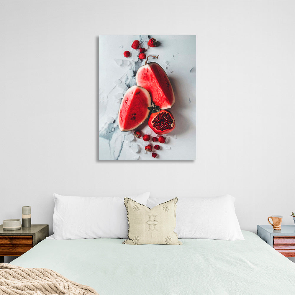 Two pieces of watermelon pomegranate and strawberries on the table Canvas Wall Art Print For Kitchen