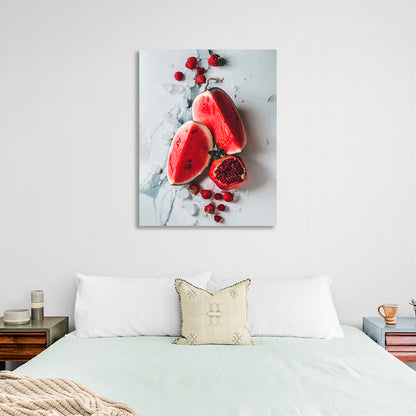 Two pieces of watermelon pomegranate and strawberries on the table Canvas Wall Art Print For Kitchen