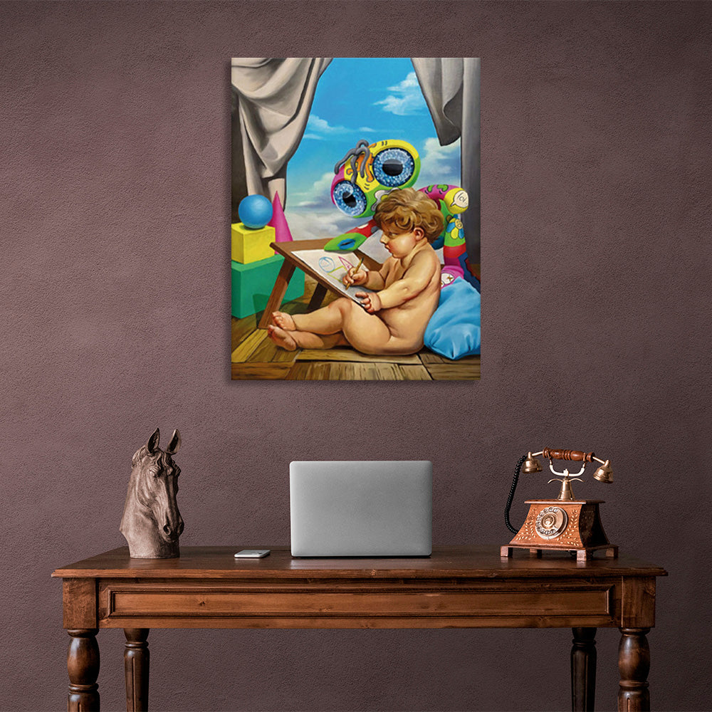 The child draws with a variety of toys Canvas Wall Art Print