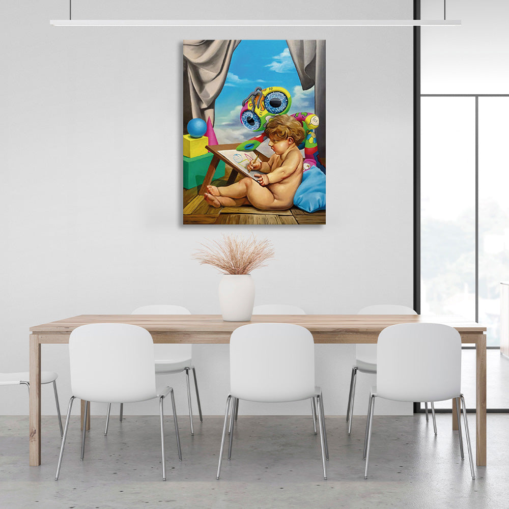 The child draws with a variety of toys Canvas Wall Art Print