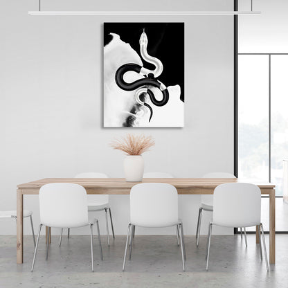 Black and white snake on a black and white background Canvas Wall Art Print