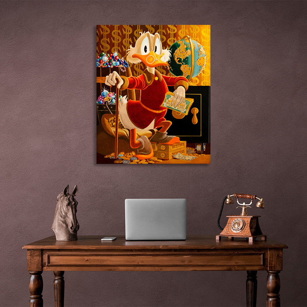 Scrooge with his cane in front of a globe Inspirational Canvas Wall Art Print