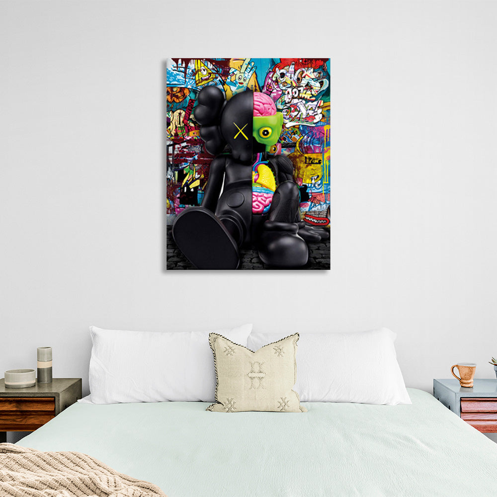 A black doll in the background of graffiti Canvas Wall Art Print