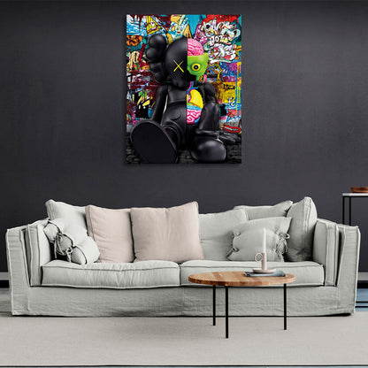 A black doll in the background of graffiti Canvas Wall Art Print