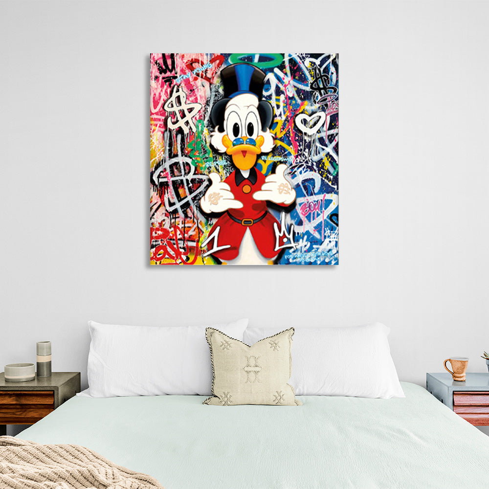 Scrooge in the background of the graffiti Inspirational Canvas Wall Art Print