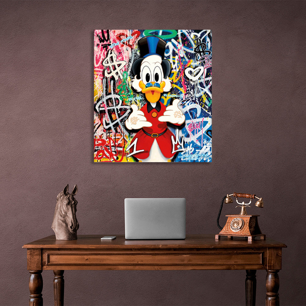 Scrooge in the background of the graffiti Inspirational Canvas Wall Art Print