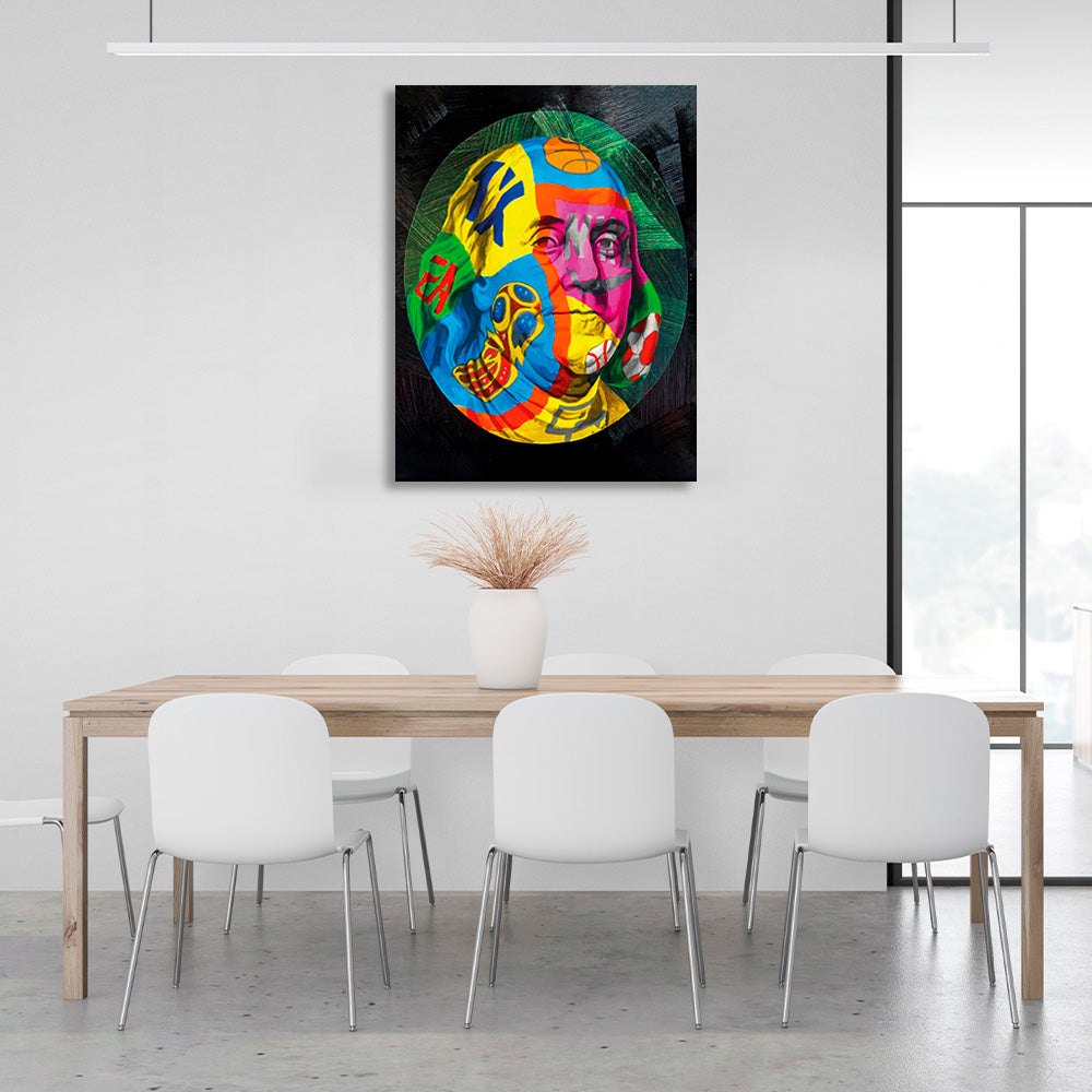 Franklin in a graffiti circle on a black background Inspirational Canvas Wall Art Print