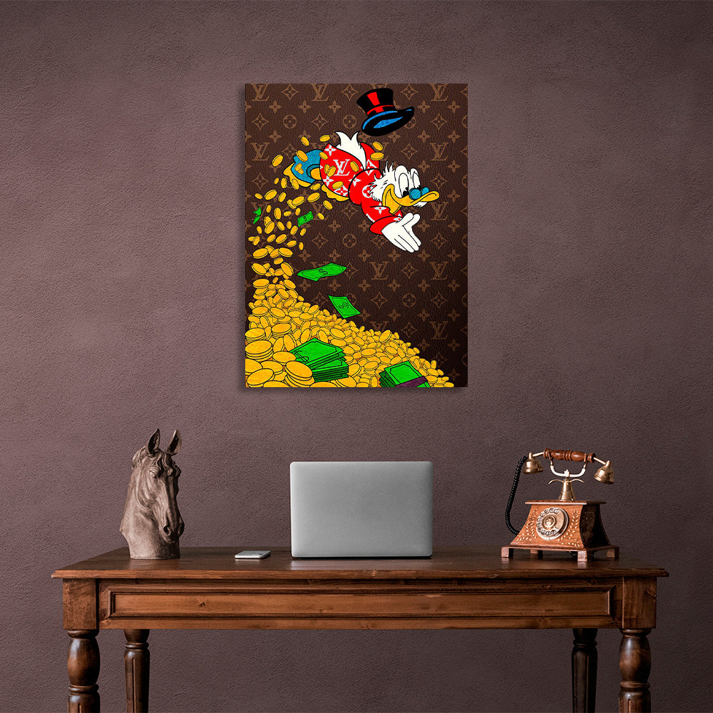 Scrooge swims in a pool of gold Inspirational Canvas Wall Art Print