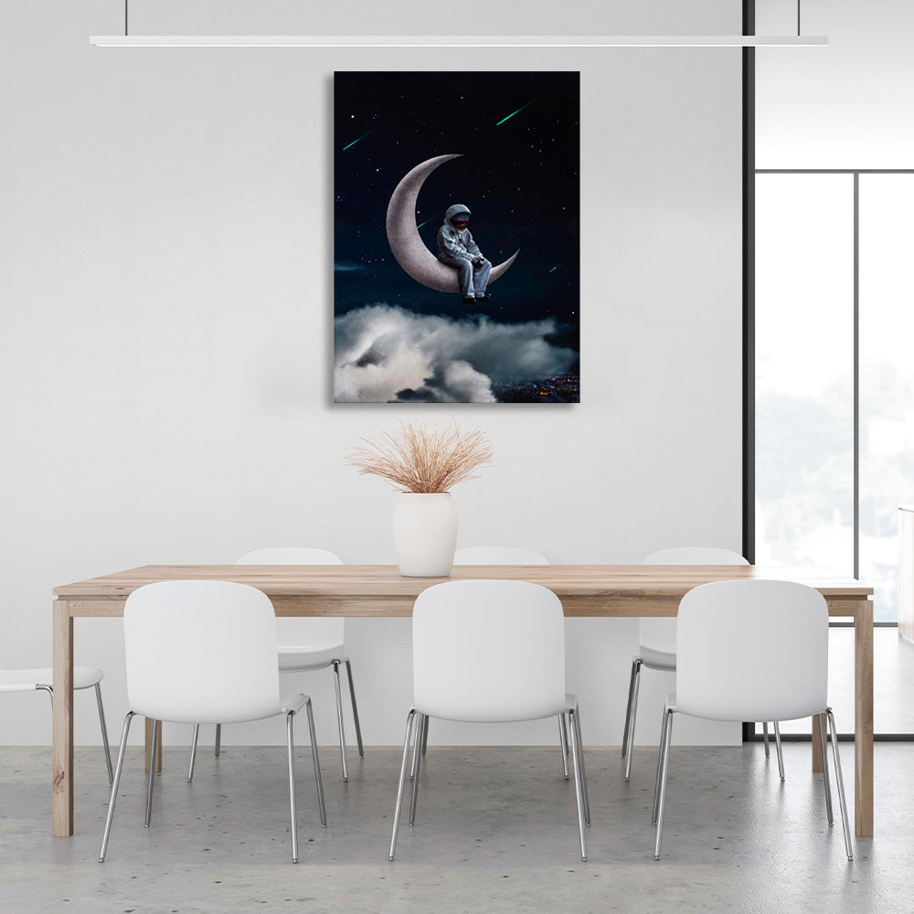 Astronaut on the moon with white clouds Canvas Wall Art Print