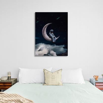 Astronaut on the moon with white clouds Canvas Wall Art Print