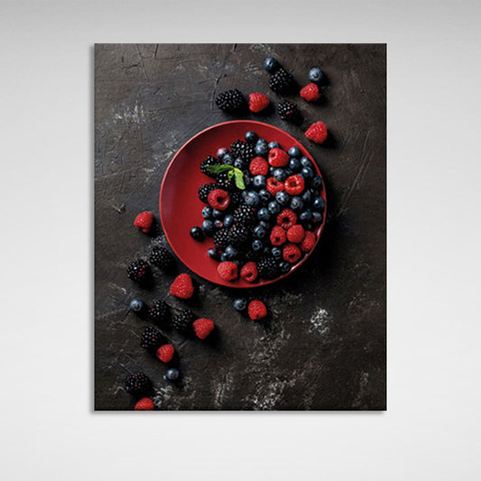 Berries in a red plate on a dark background Canvas Wall Art Print For Kitchen