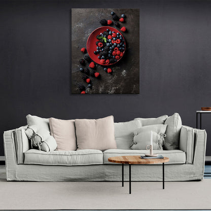 Berries in a red plate on a dark background Canvas Wall Art Print For Kitchen