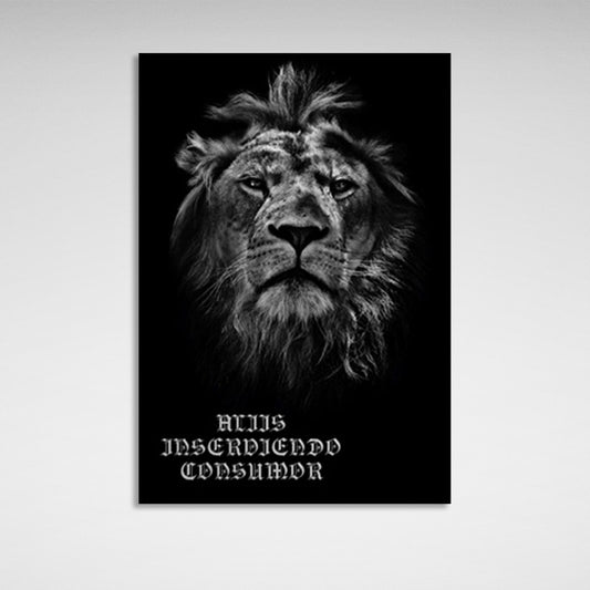 Lion with inscriptions on black background Canvas Wall Art Print