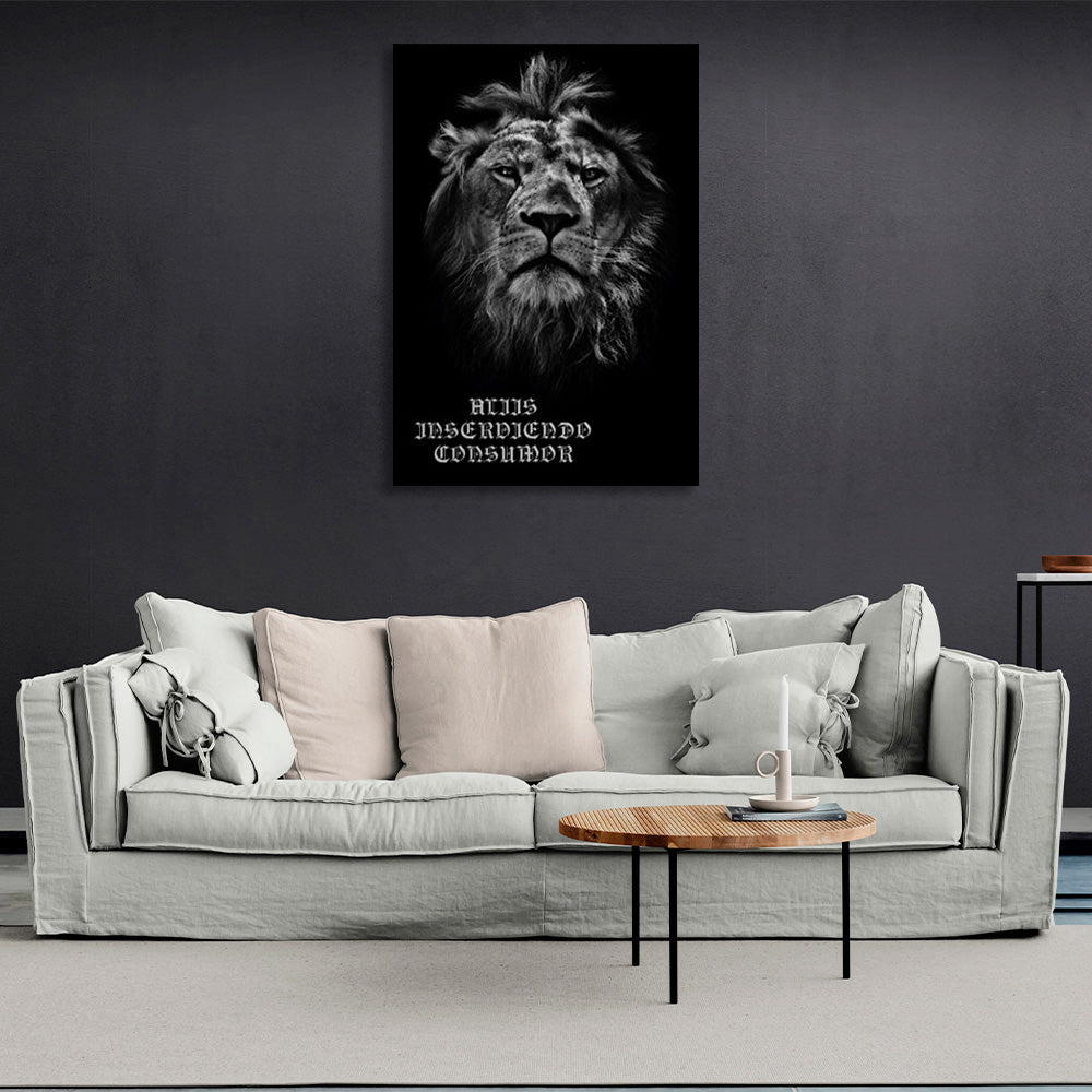 Lion with inscriptions on black background Canvas Wall Art Print