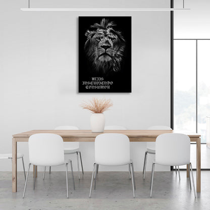 Lion with inscriptions on black background Canvas Wall Art Print