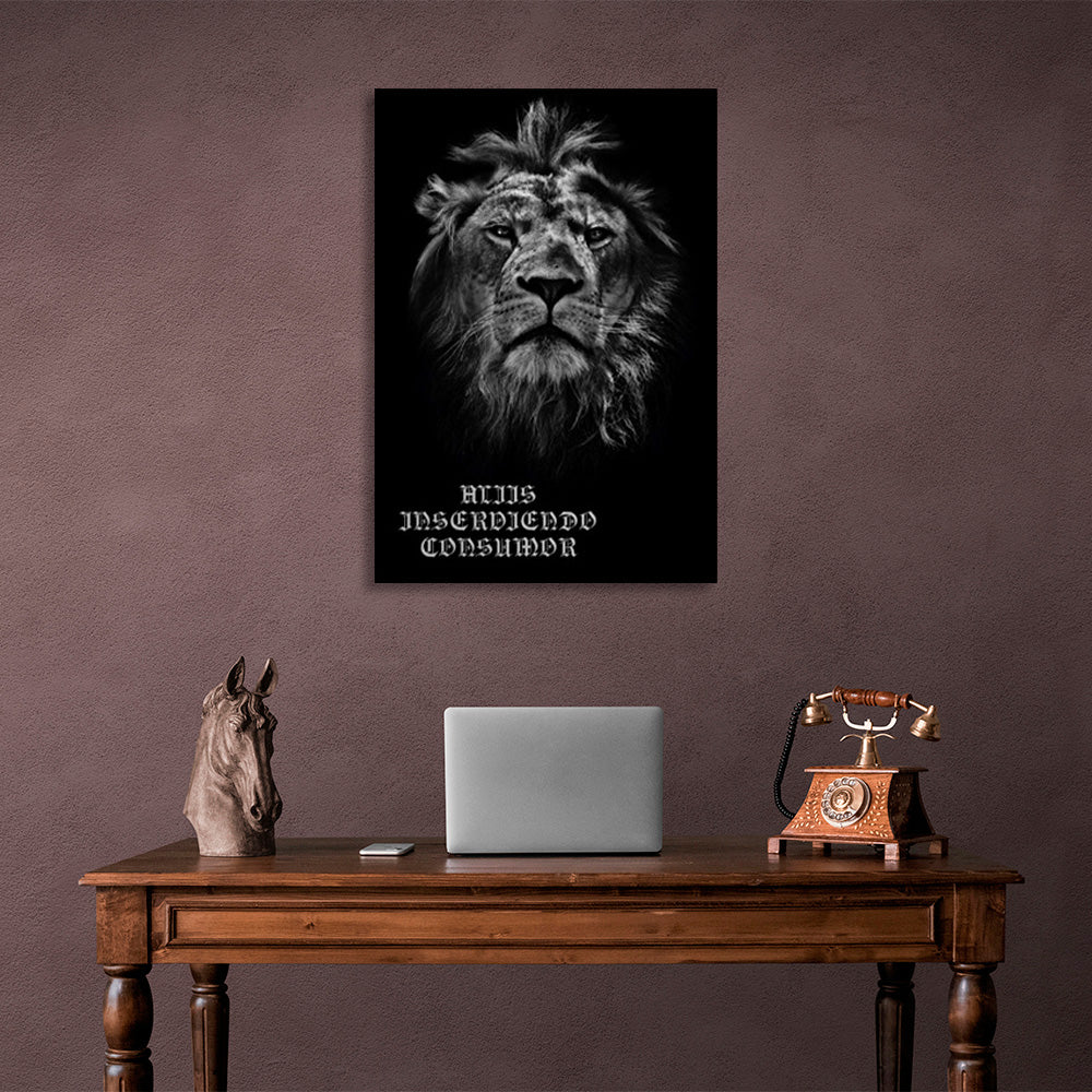 Lion with inscriptions on black background Canvas Wall Art Print