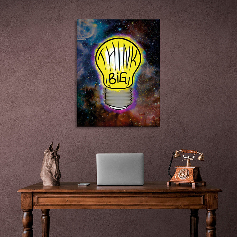 A light bulb with lettering on a starry background Motivational Canvas Wall Art Print