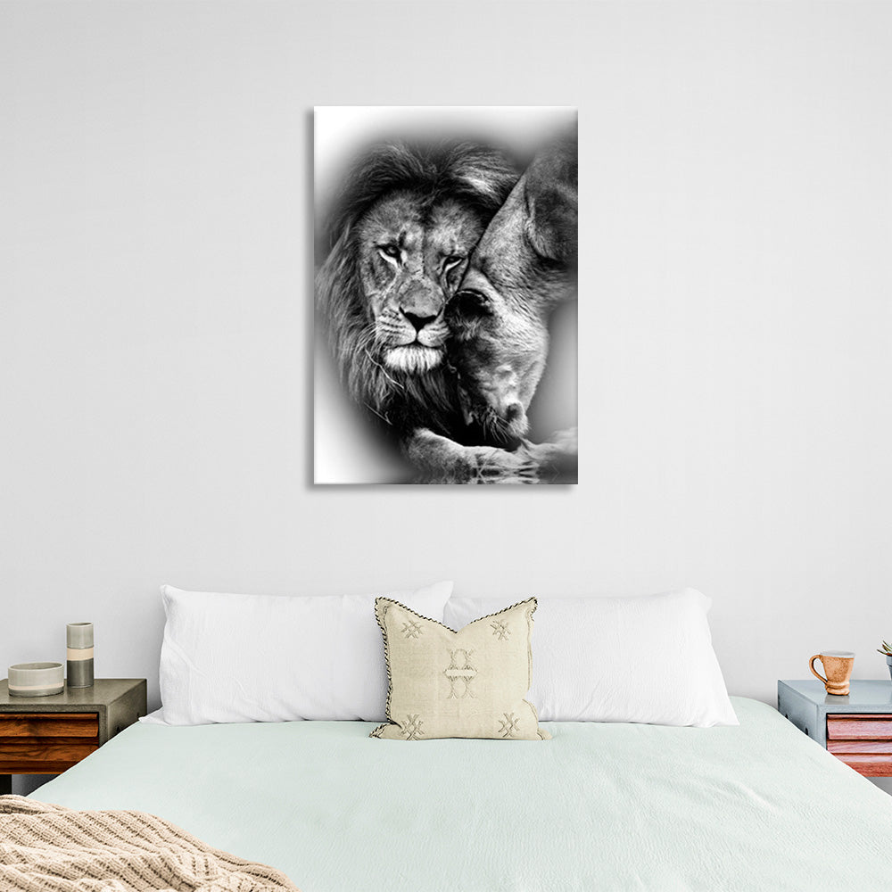 A lioness and a lion in black and white Canvas Wall Art Print