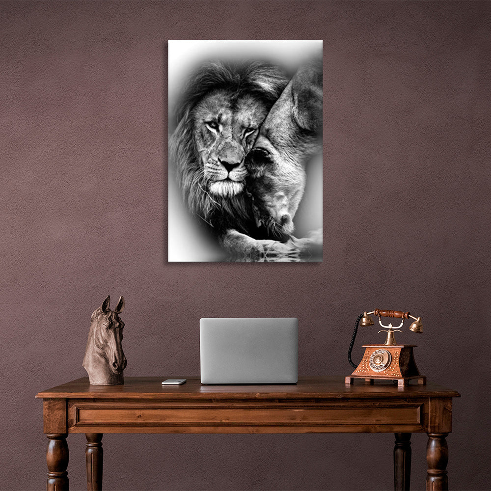 A lioness and a lion in black and white Canvas Wall Art Print