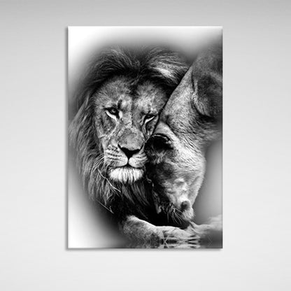 A lioness and a lion in black and white Canvas Wall Art Print