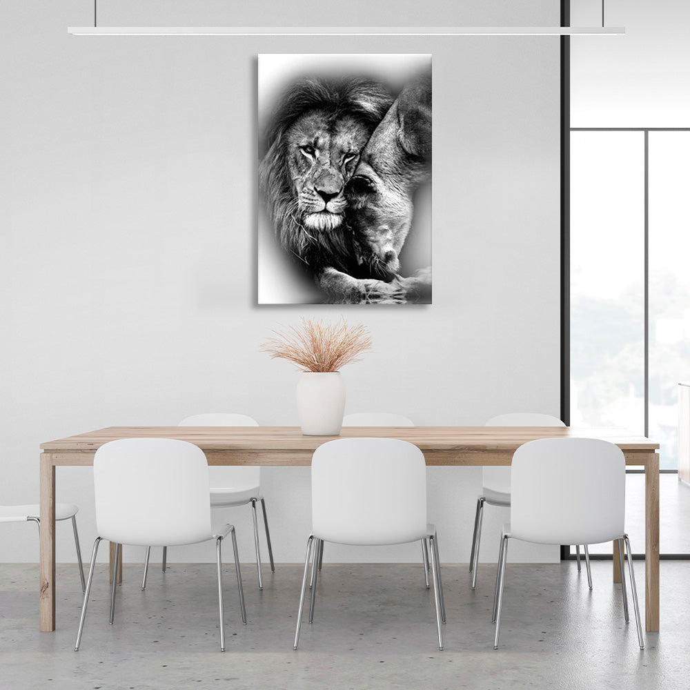 A lioness and a lion in black and white Canvas Wall Art Print